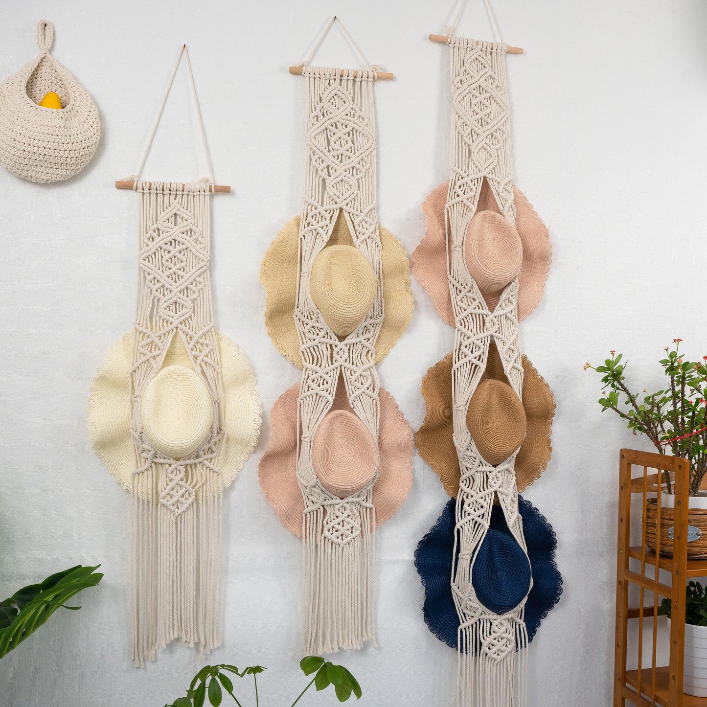 Handmade Macrame Wall Mounted Wide Brim Hat Hanger Display
