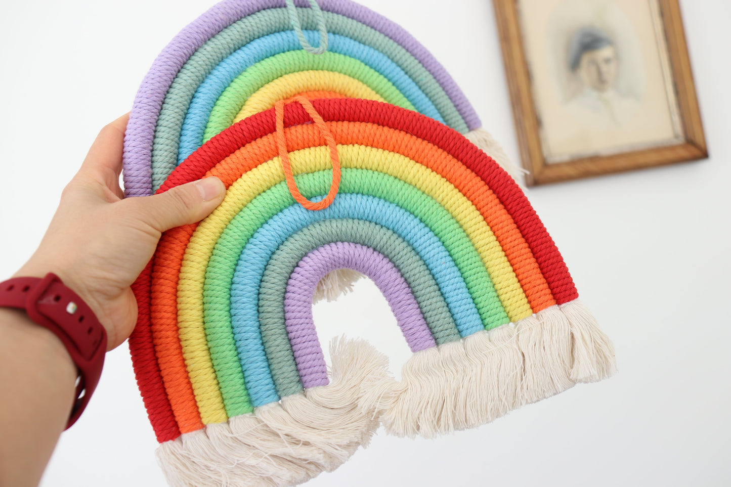 Hand-Woven Macrame Hanging Wall Decoration for Home - Rainbow with Short Tassel