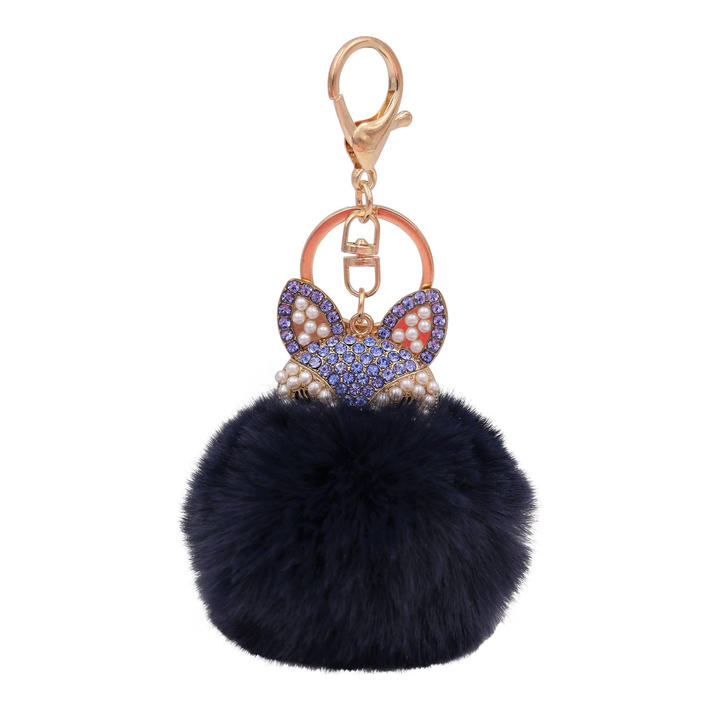 Image of Real Sic Navy Faux Fur Fuzzy Animal Fox Pom Pom Key chain - Fox Kechain
