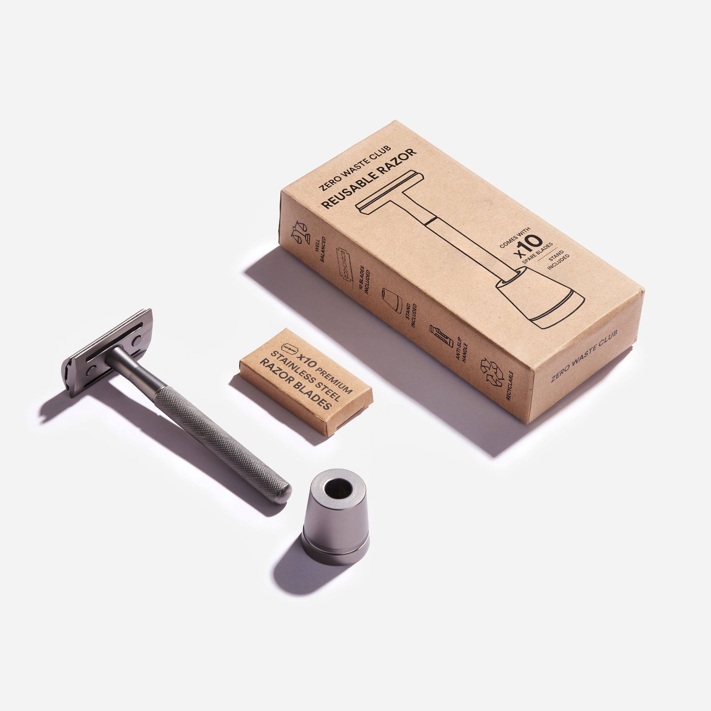 Reusable Safety Razor with Stand - 10 Blades Included: Matte Grey