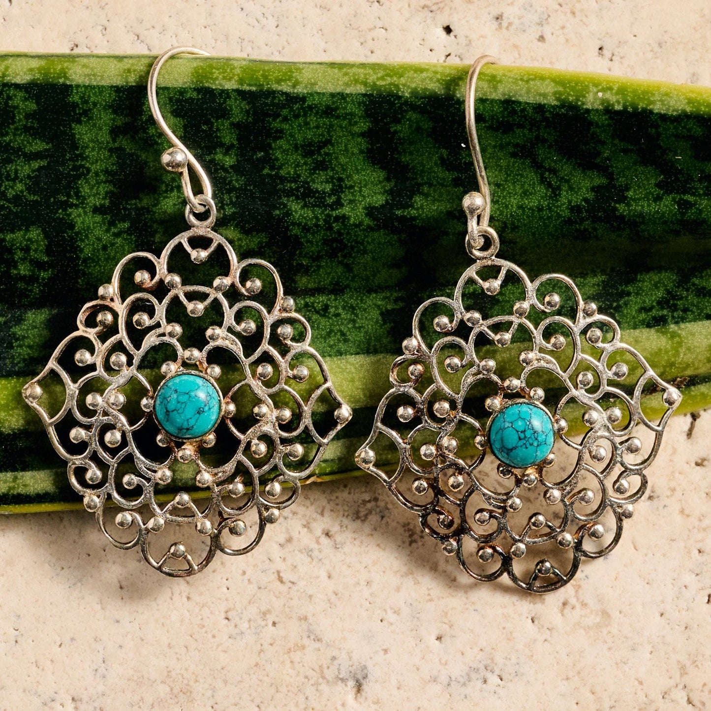 Ten Thousand Villages - Hava Silvertone Dangle Earrings w/Turquoise