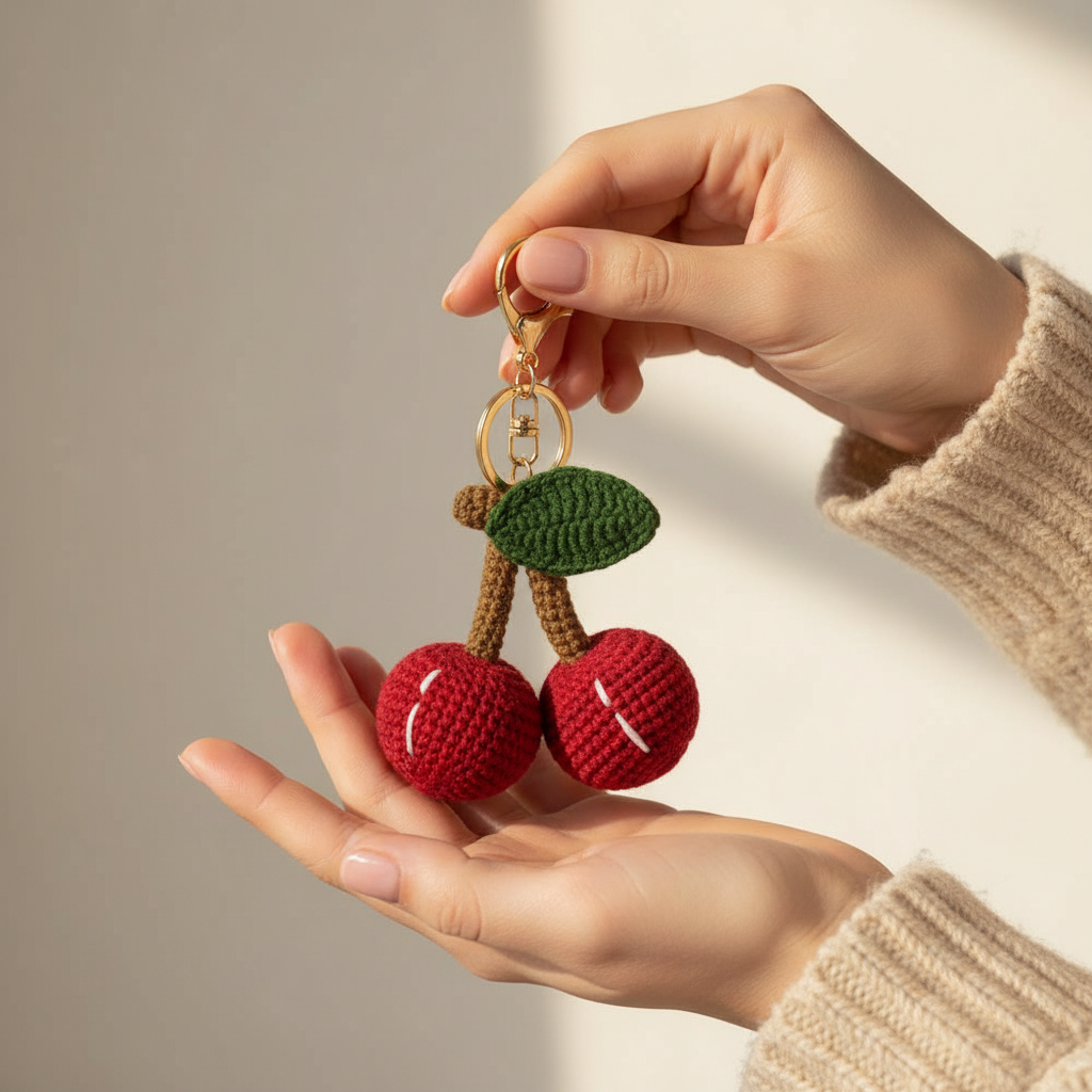 Hand-Knitted Cherry Keychain for an Extra-Sweet Day