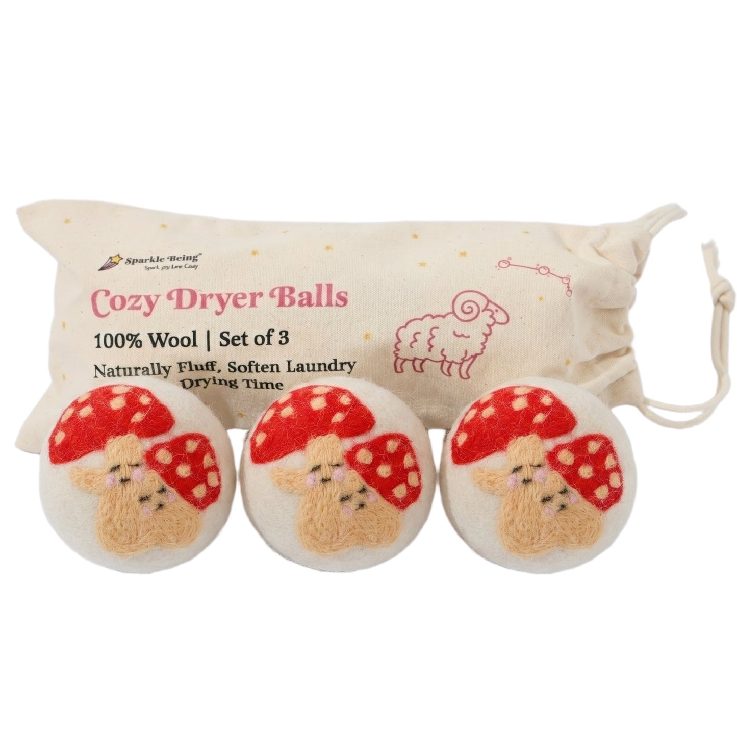 Red Mushroom Eco Wool Laundry Dryer Balls - Set of 3