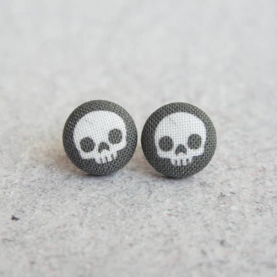 Rachel O's - Black Skulls Fabric Button Earrings