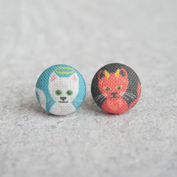 Rachel O's - Good and Evil Kitties Fabric Button Earrings