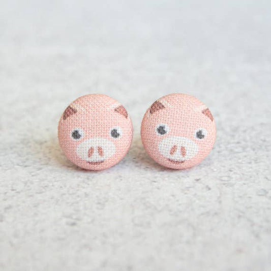 Rachel O's - Pink Pig Fabric Button Earrings