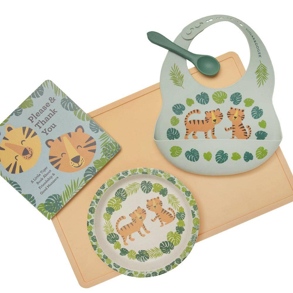 Sugarbooger by Ore’ Originals - Fresh & Messy Silicone Bib & Spoon Set | Tiger