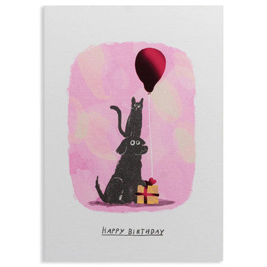 Cat And Dog With Balloon Birthday Greeting Card