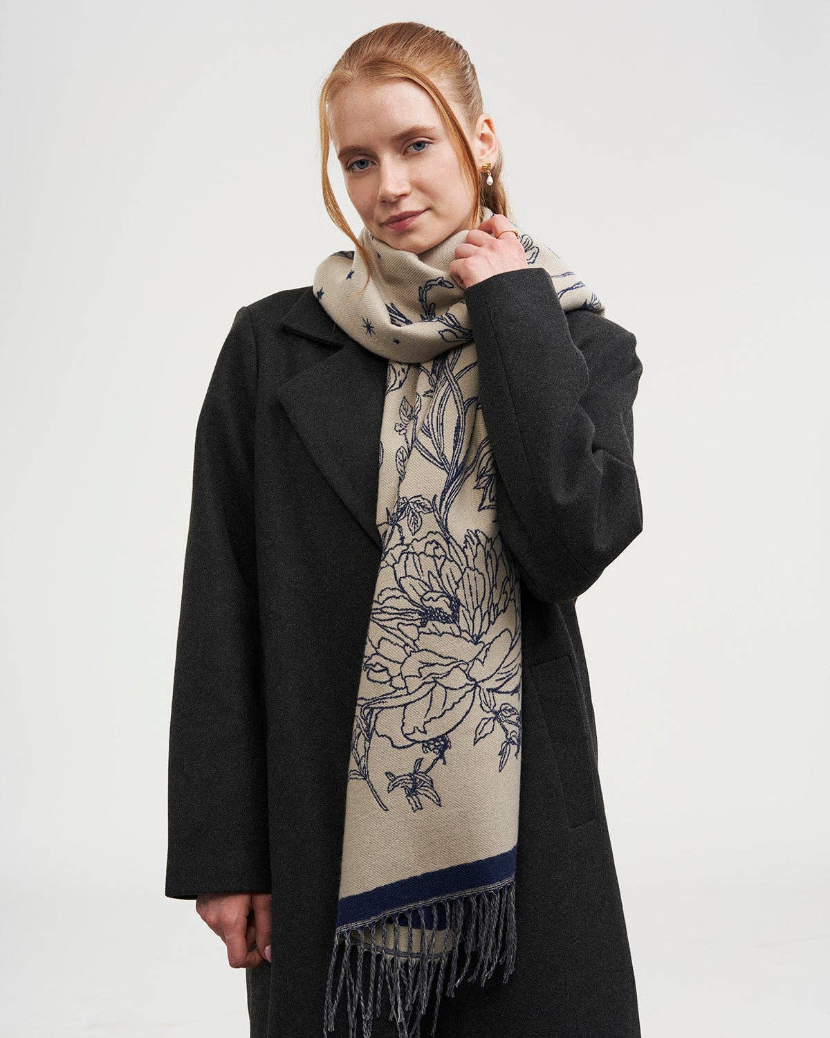 Fable England - Midnight Garden Long Jacquard Scarf in Navy