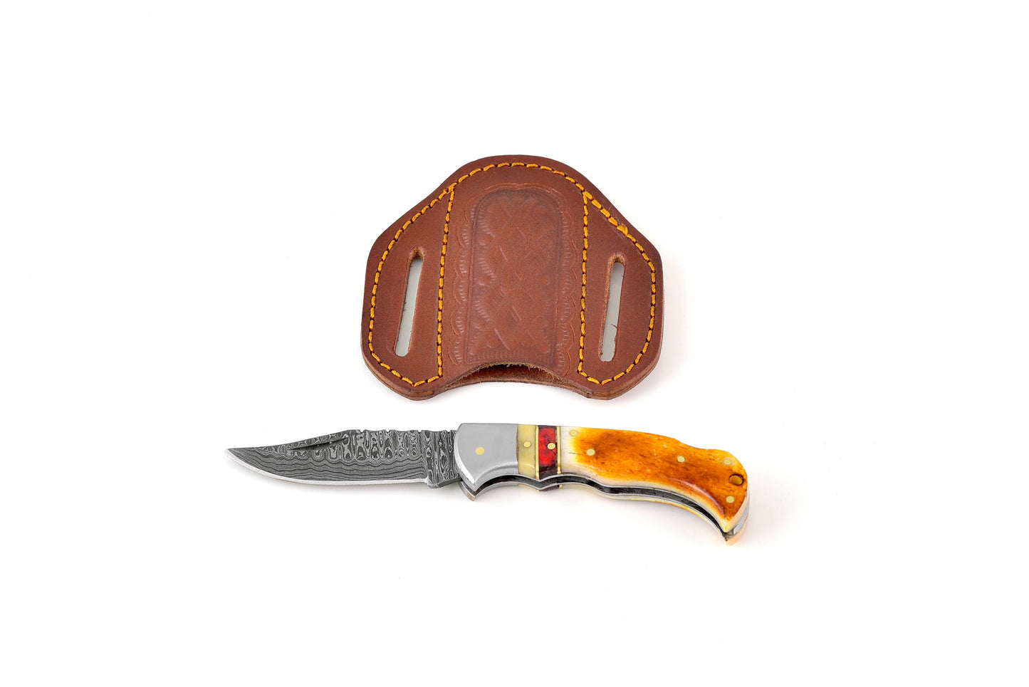 Titan International - Burnt Bone folding knife with Leather Sheath