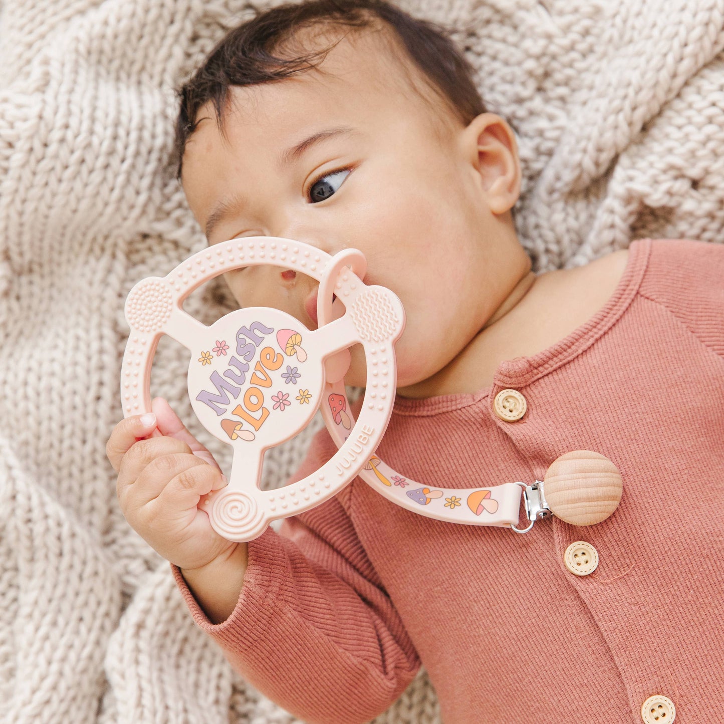 JuJuBe - Silicone Teether Ring with Detachable Clip Mushy Love