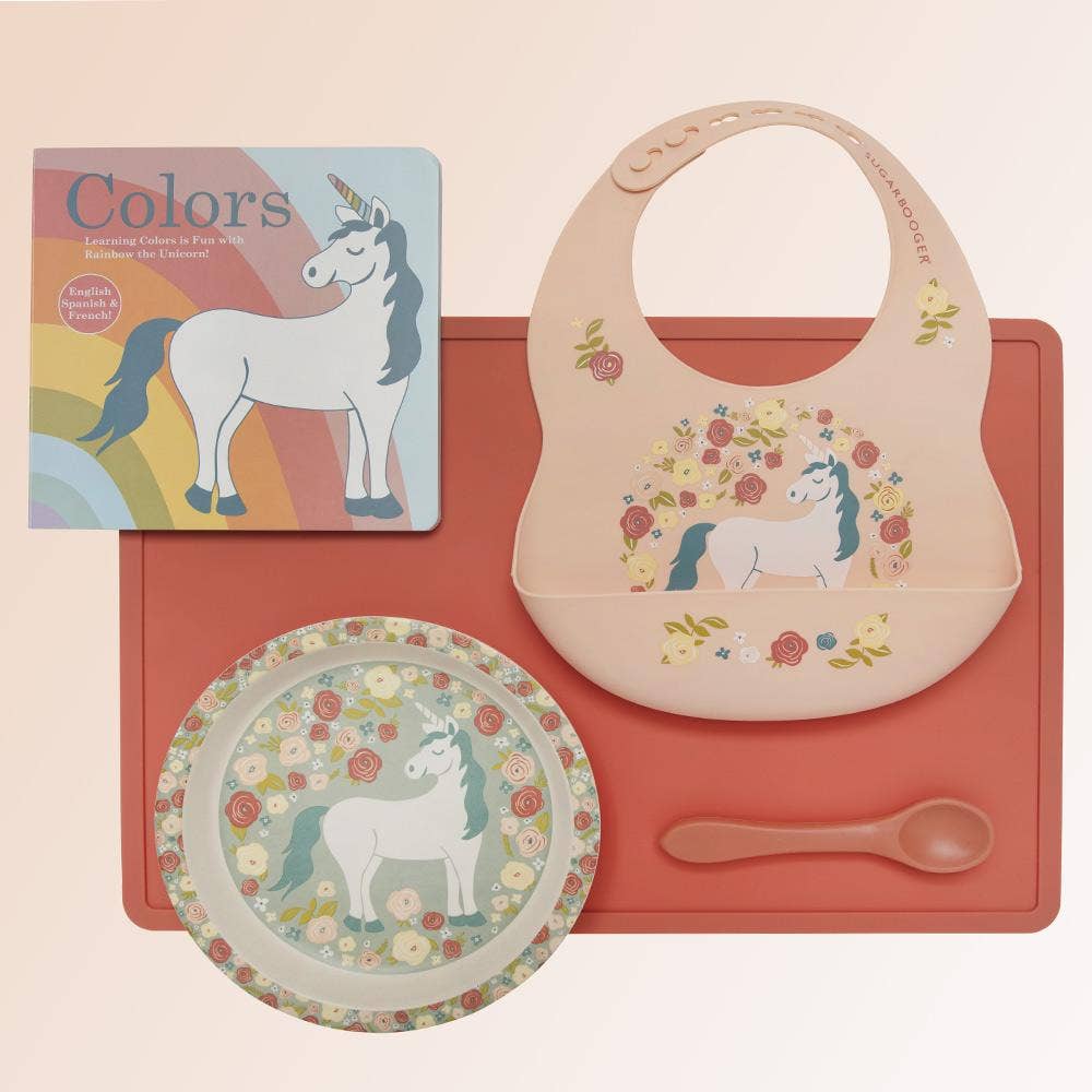 Sugarbooger by Ore’ Originals - Fresh & Messy 
Silicone Bib & Spoon Set | Unicorn