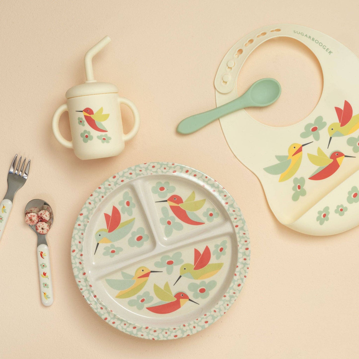 Sugarbooger by Ore’ Originals - Fresh & Messy Silicone Bib & Spoon Set | Hummingbird