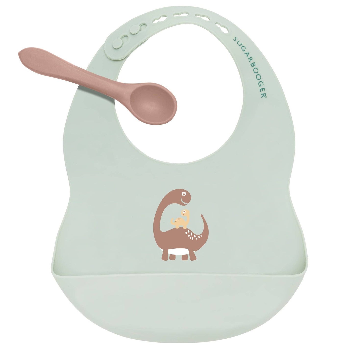 Sugarbooger by Ore’ Originals - Fresh & Messy Silicone Bib & Spoon Set | Baby Dinosaur