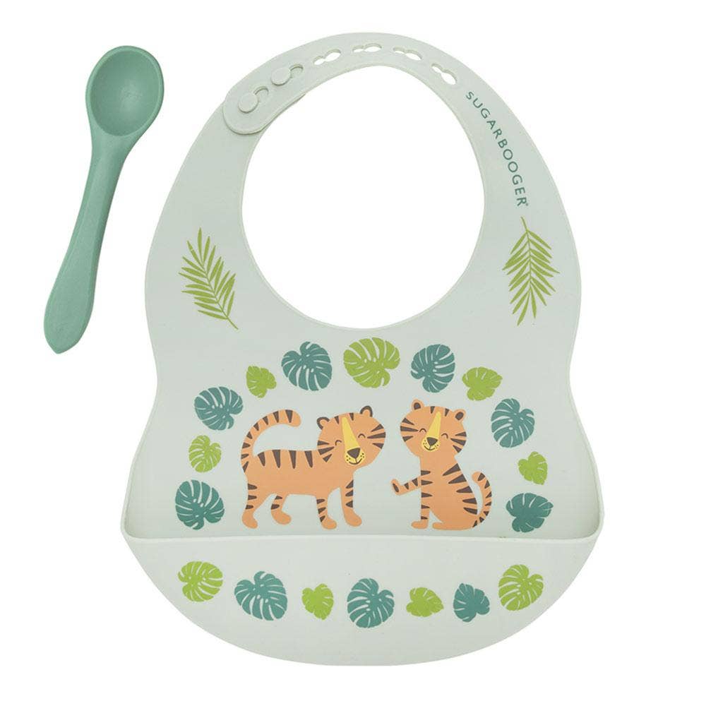 Sugarbooger by Ore’ Originals - Fresh & Messy Silicone Bib & Spoon Set | Tiger