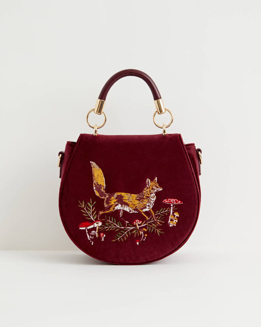 Fable England - FABLE Fox & Mushroom Embroidered Velvet Saddle Purse
