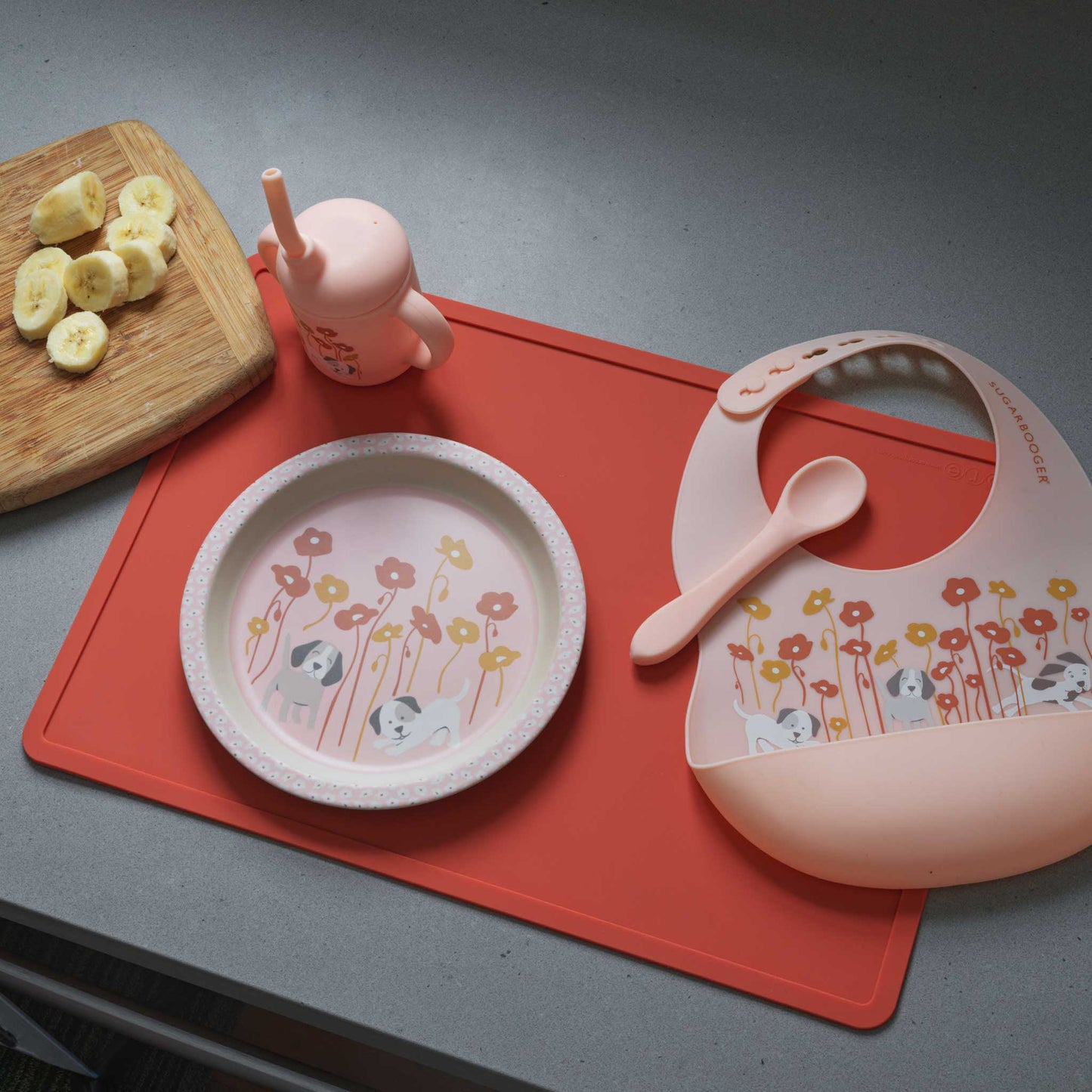 Sugarbooger by Ore’ Originals - Fresh & Messy Silicone Bib & Spoon Set | Puppies & Poppies