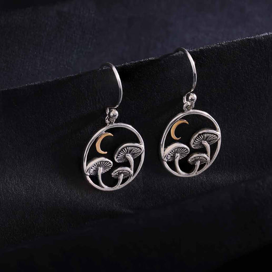 Nina Designs - Silver Mushroom Dangle Earrings with Bronze Moon 28x15mm