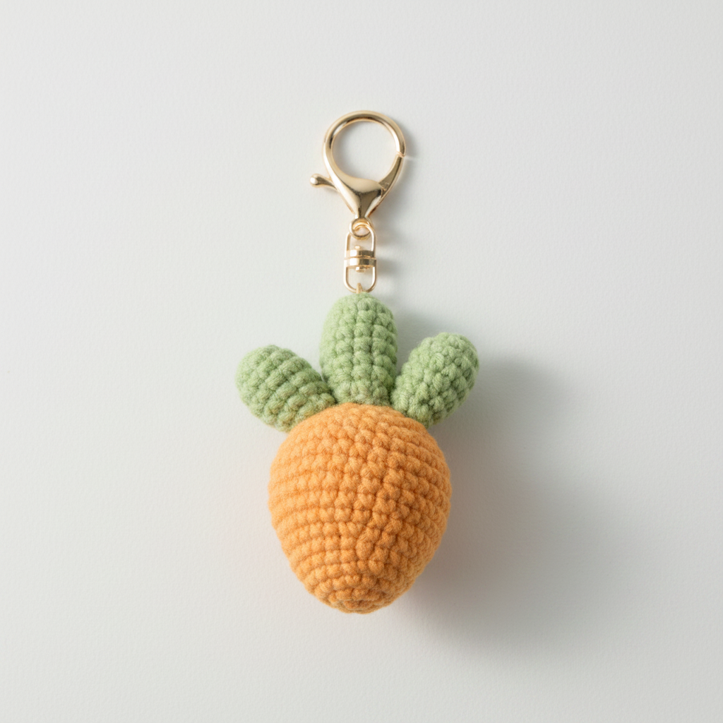Hand-Knitted Carrot Yarn Keychain for a Playful Touch