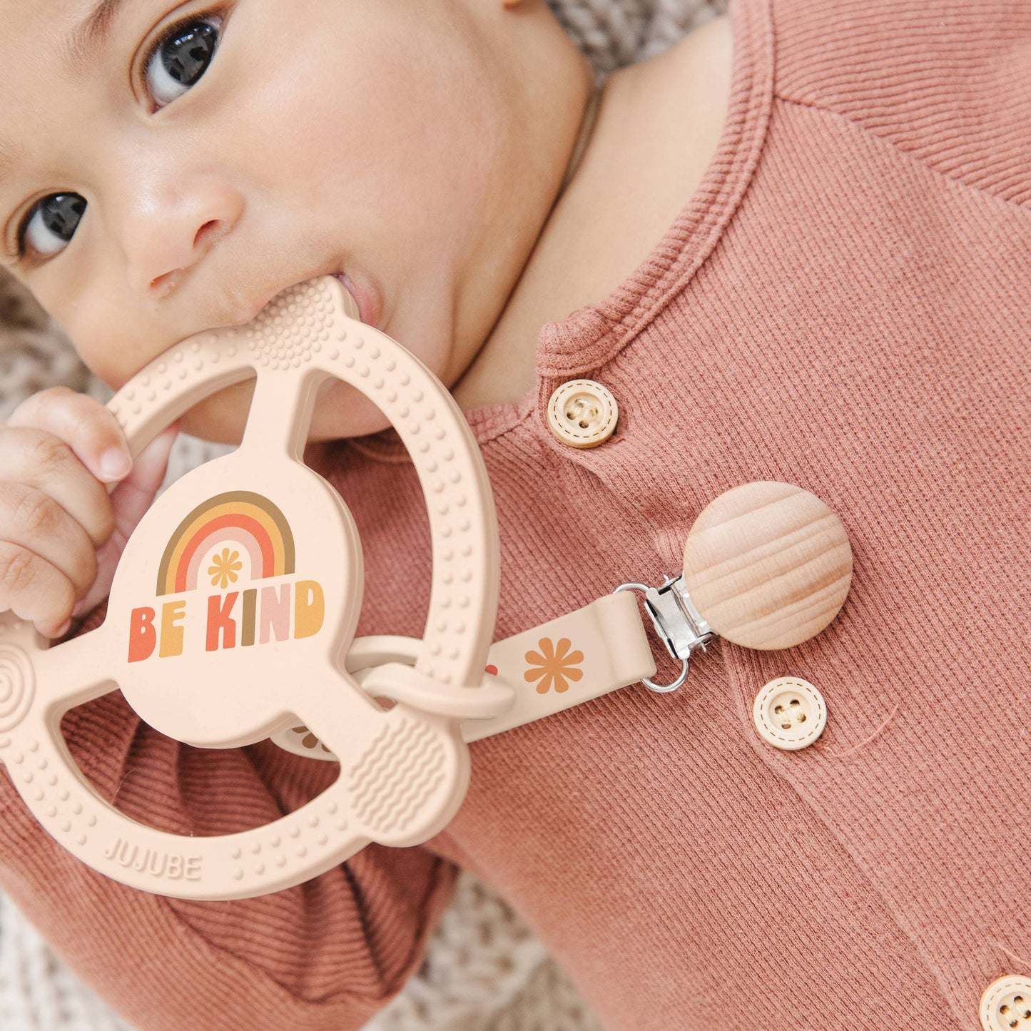 JuJuBe - Silicone Teether Ring with Detachable Clip Be Kind Rainbows