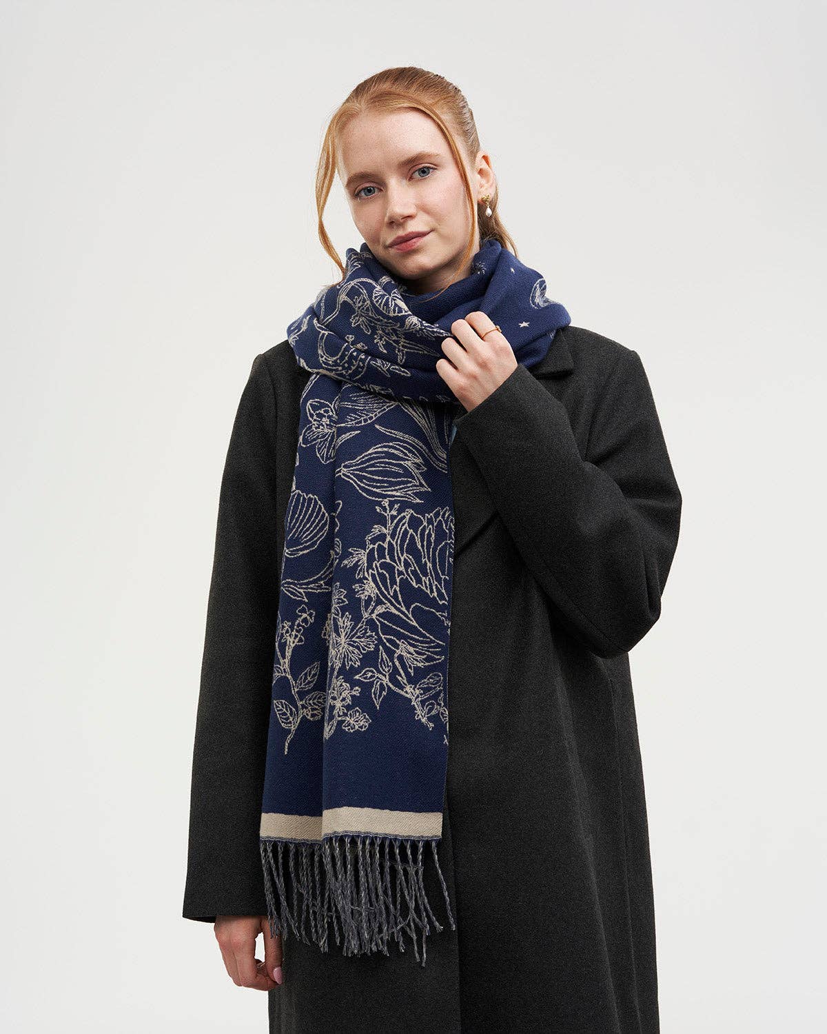 Fable England - Midnight Garden Long Jacquard Scarf in Navy