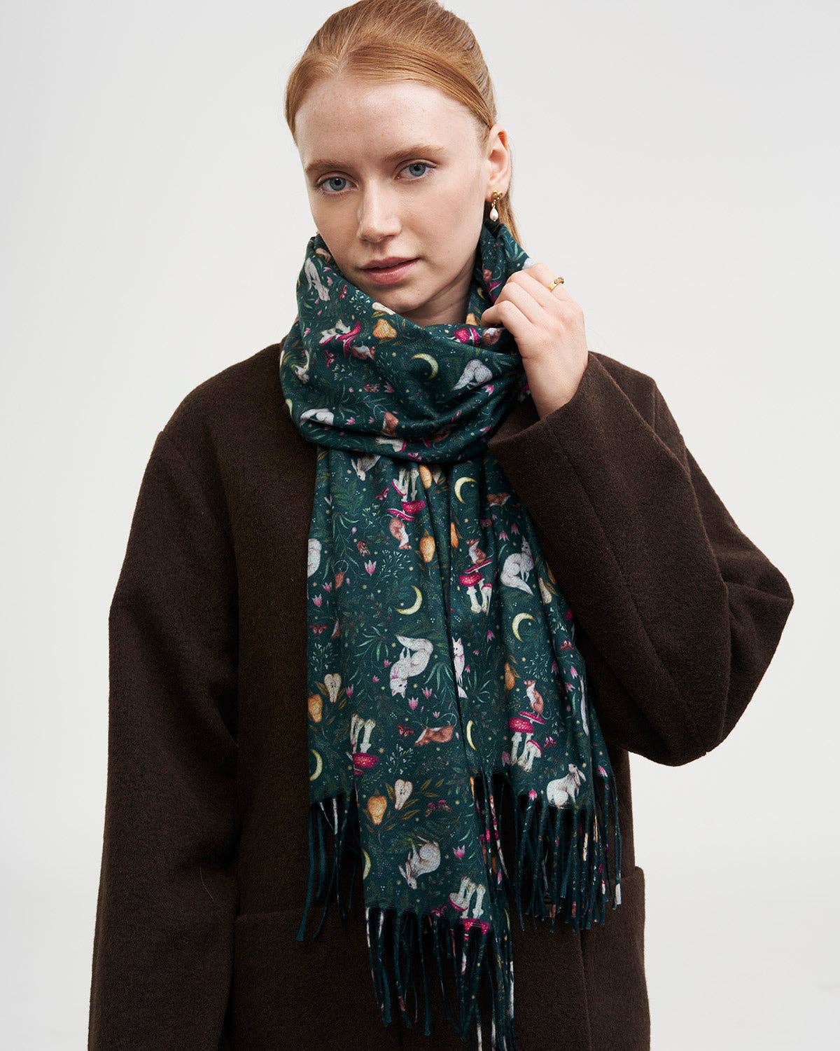 Fable England - Niva Long Fringed Scarf in Forest Green