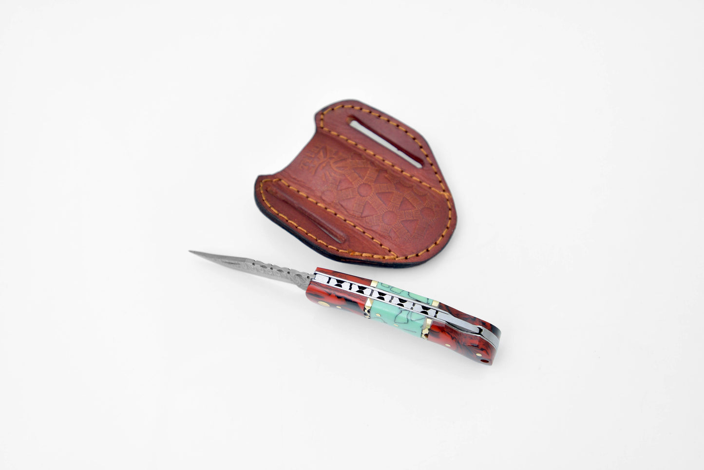 Titan International - Damascus steel pocket knife Limited Run Red & Blue Resin TF-050