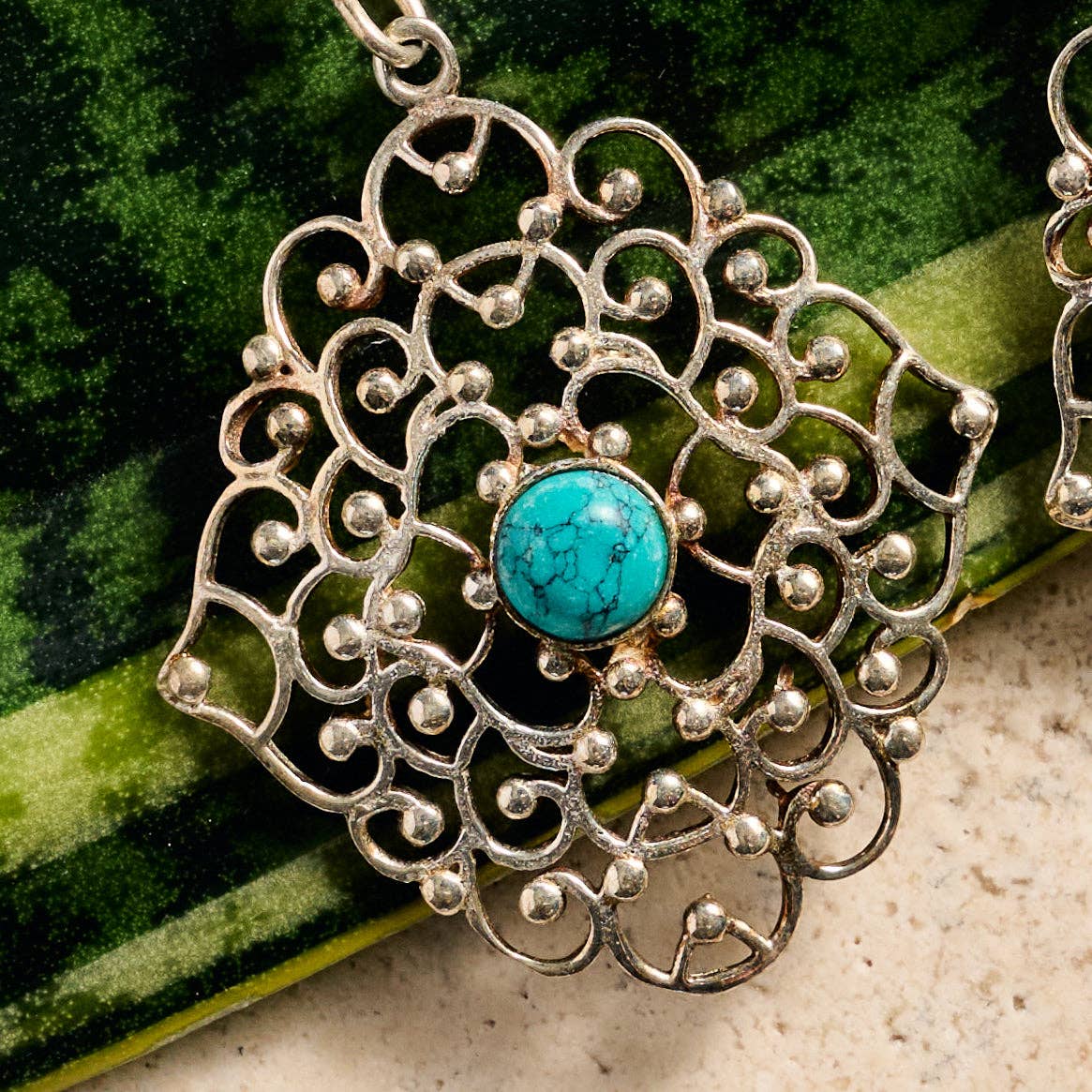 Ten Thousand Villages - Hava Silvertone Dangle Earrings w/Turquoise