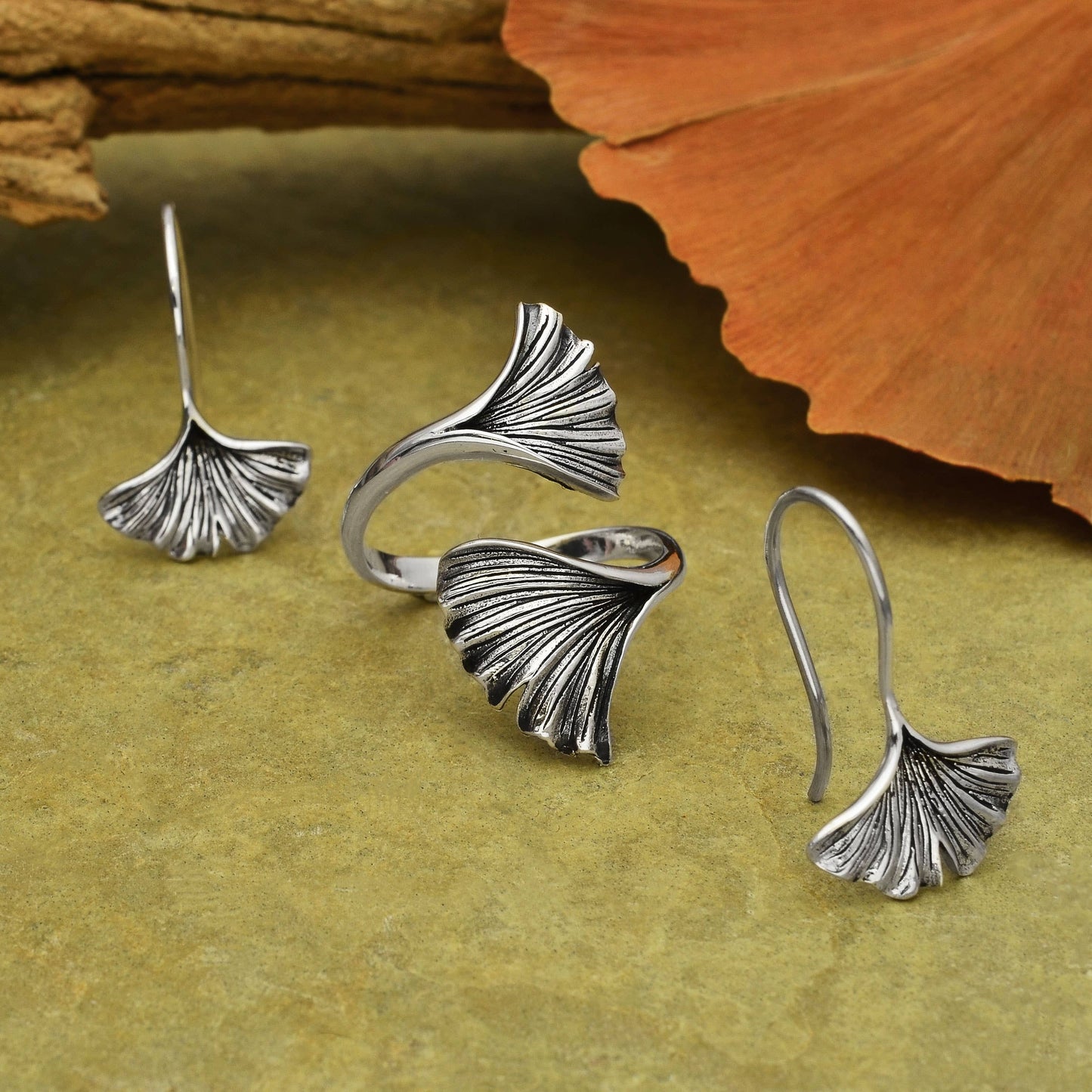 Nina Designs - Sterling Silver Ginkgo Leaf Earrings 22x14mm