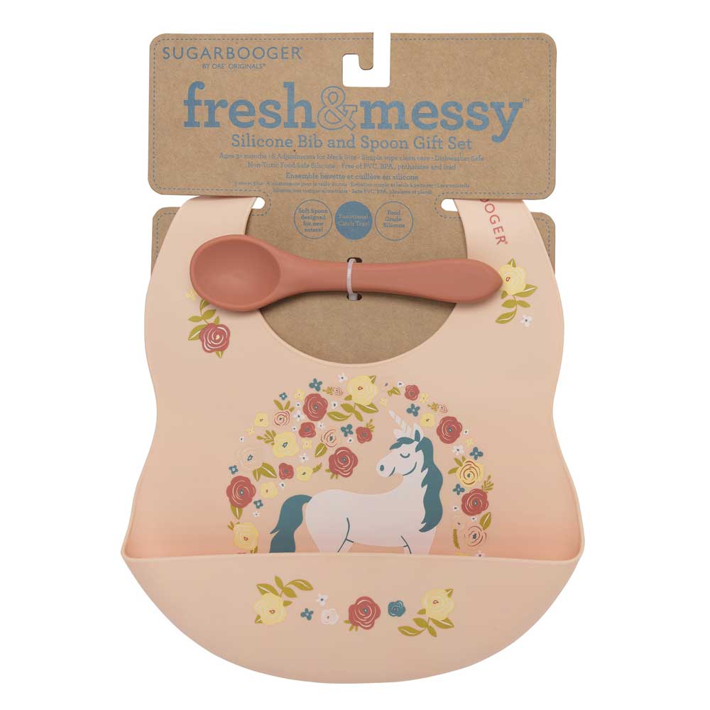 Sugarbooger by Ore’ Originals - Fresh & Messy 
Silicone Bib & Spoon Set | Unicorn