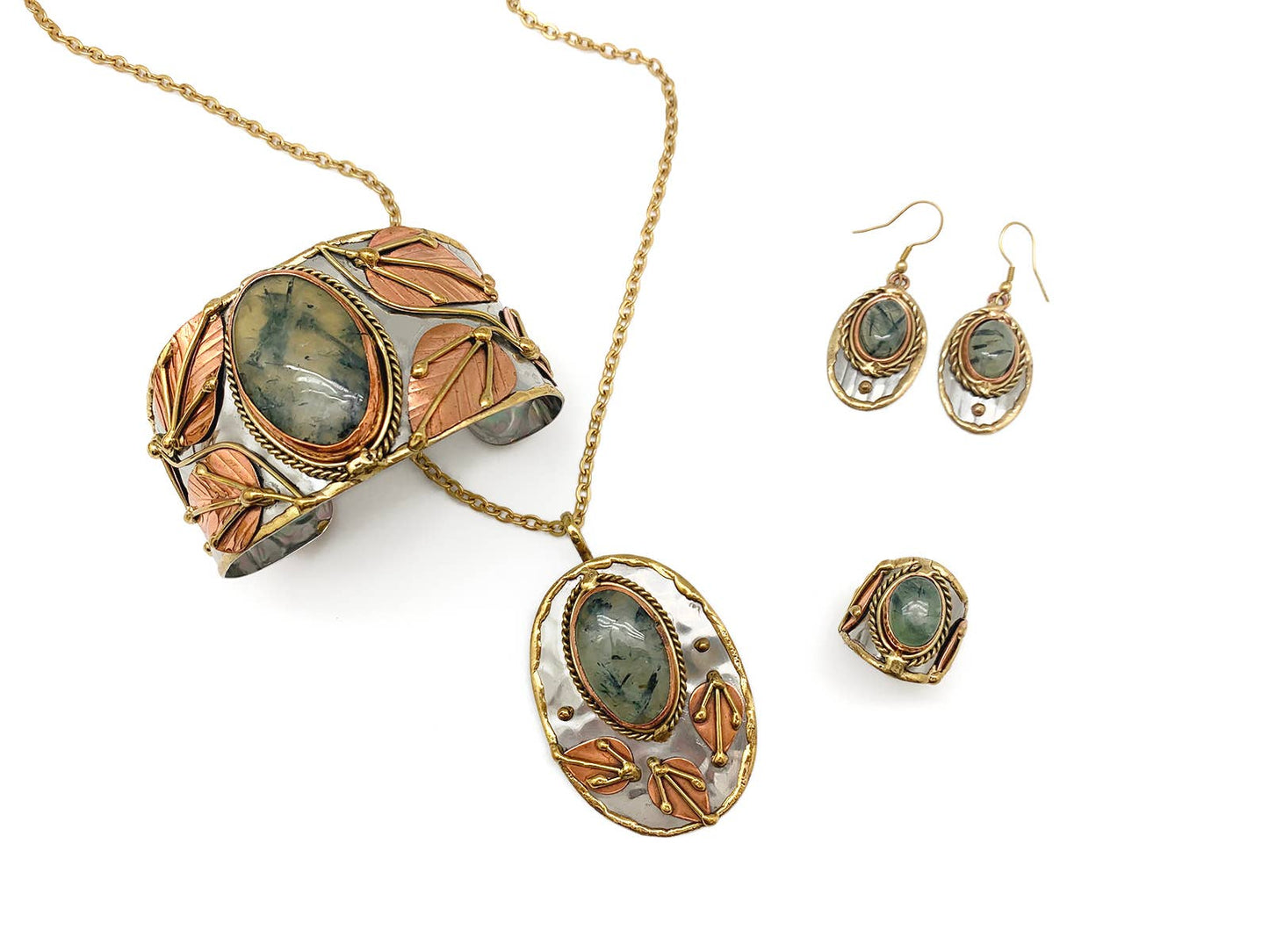 Mixed Metal and Moss Agate Stone Earrings