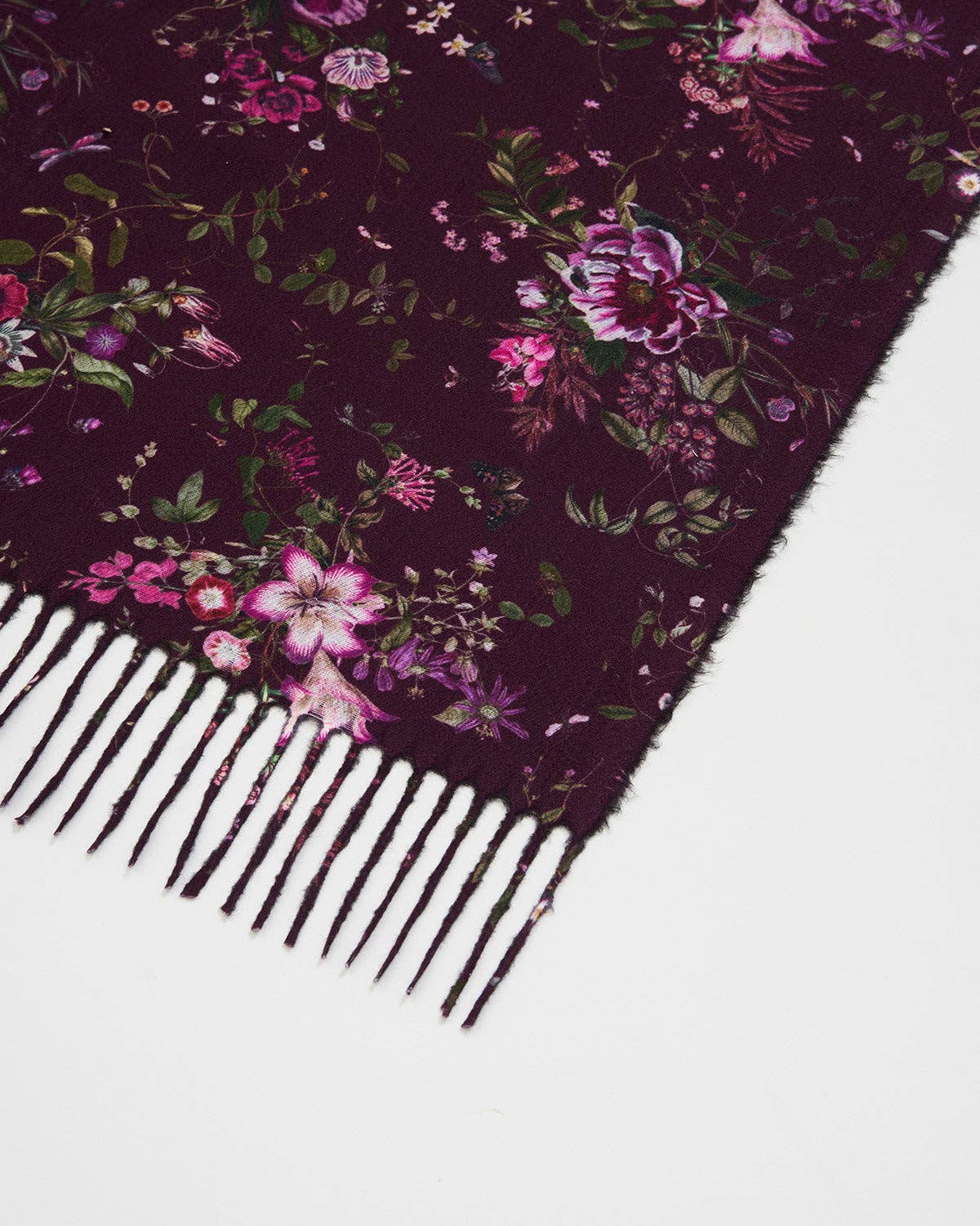 Fable England - Eve Floral Long Fringed Scarf in Burgundy