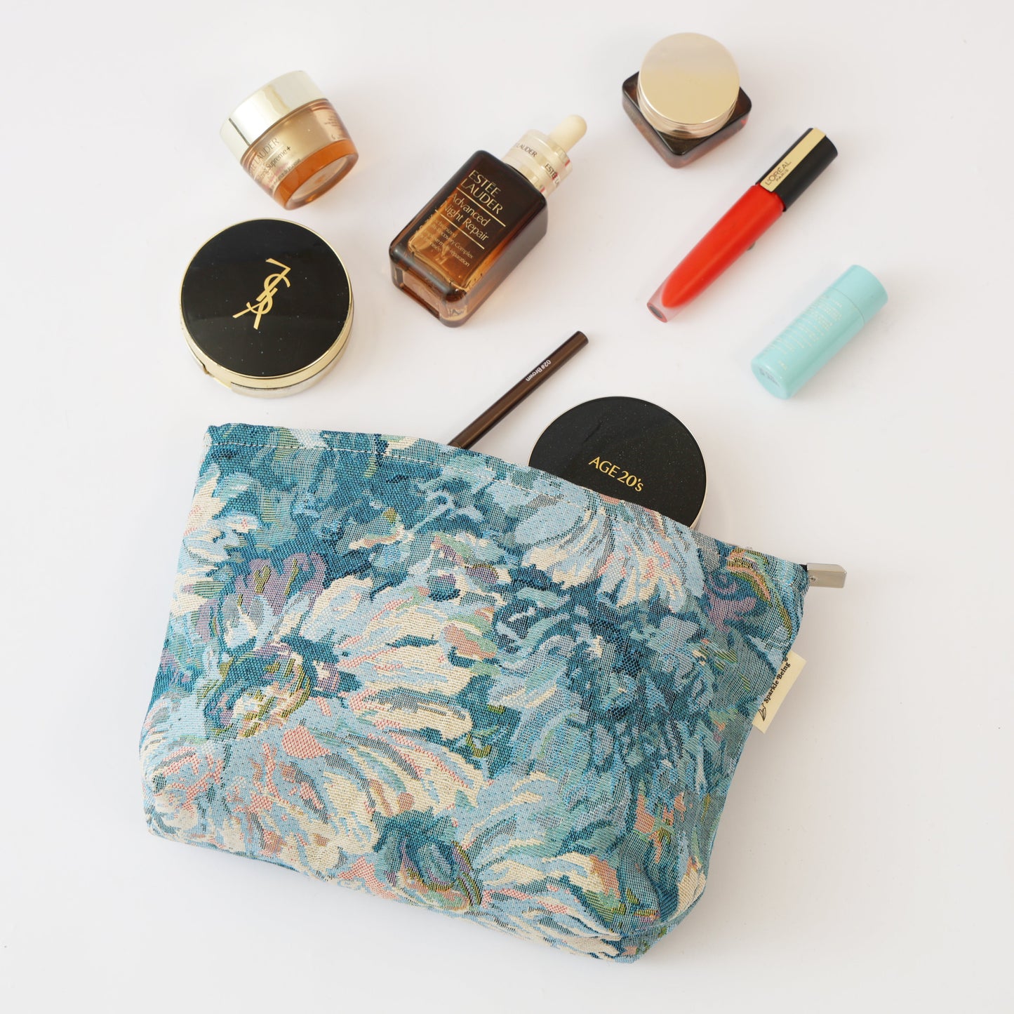 Azure Garden Watercolor Floral Toiletry / Makeup Bag - Travel-Friendly Cosmetic Bag