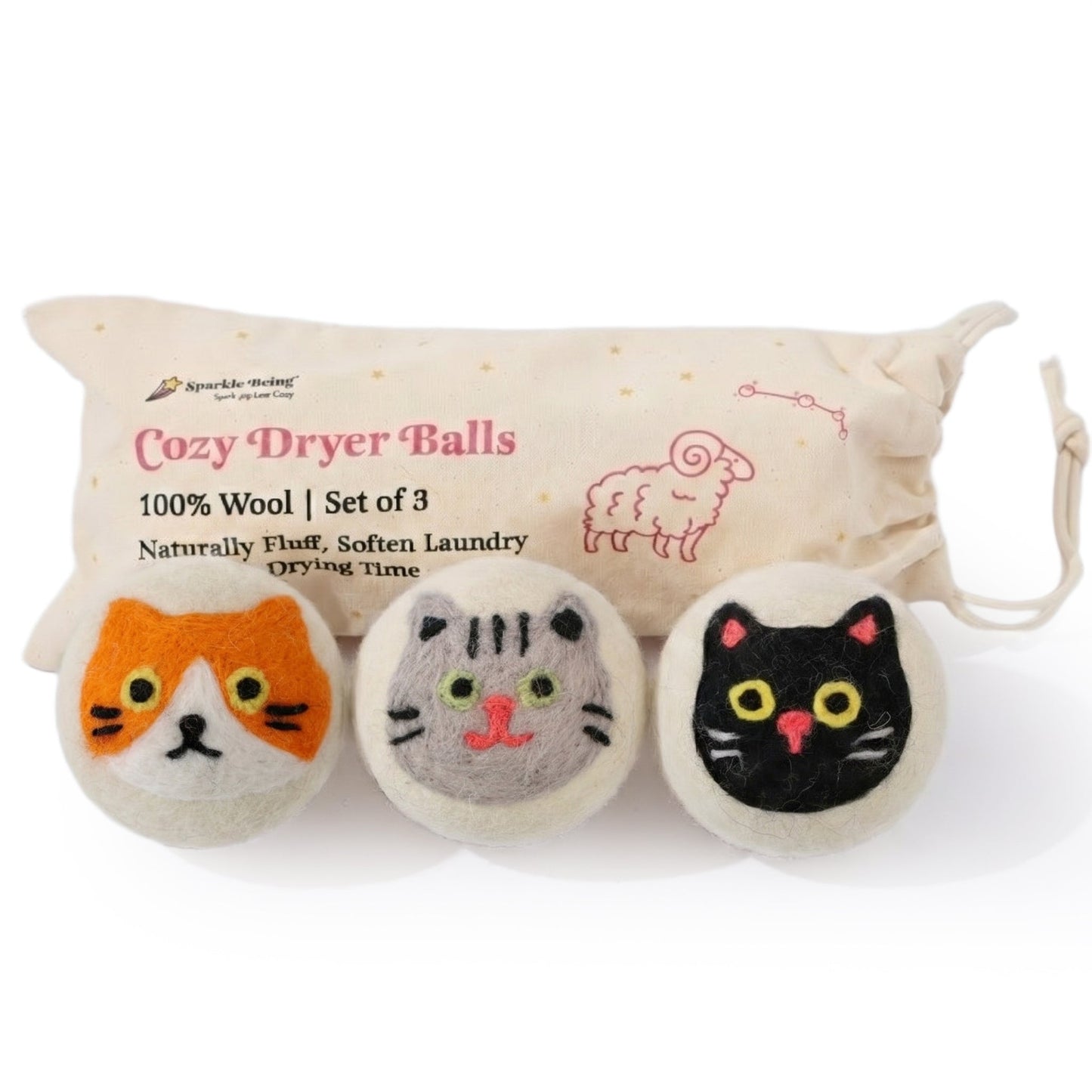 Cat Eco Wool Laundry Dryer Balls – Set of 3