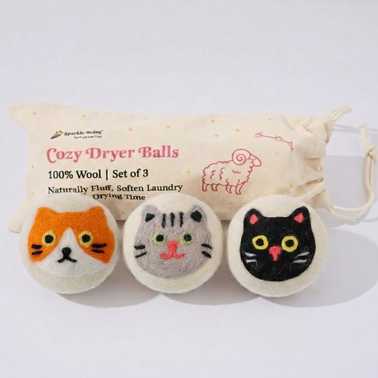 Cat Eco Wool Laundry Dryer Balls – Set of 3