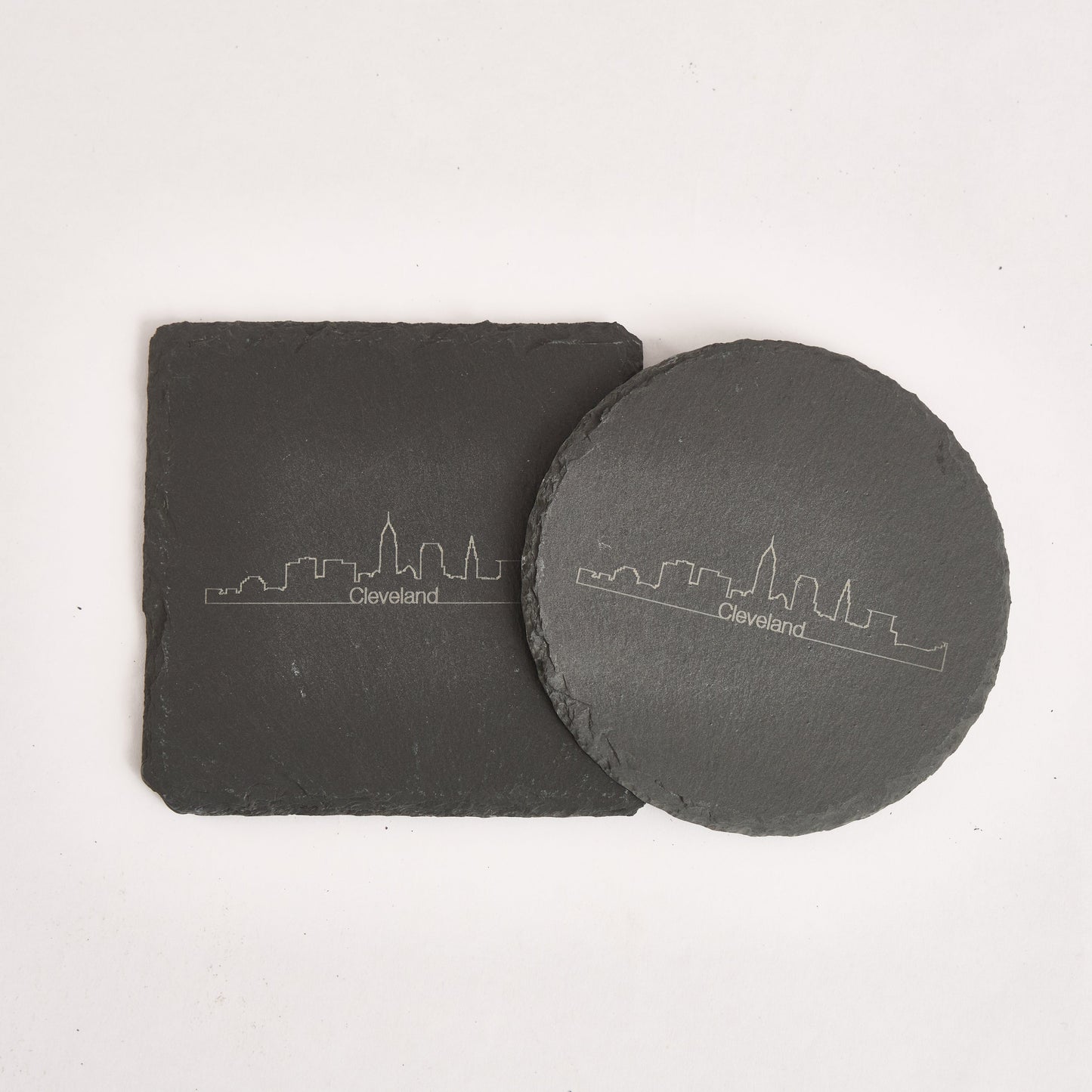 Cleveland Skyline Slate Coaster – 4-Inch Engraved Drink Coaster | Round or Square Natural Stone | Cleveland Souvenir Gift