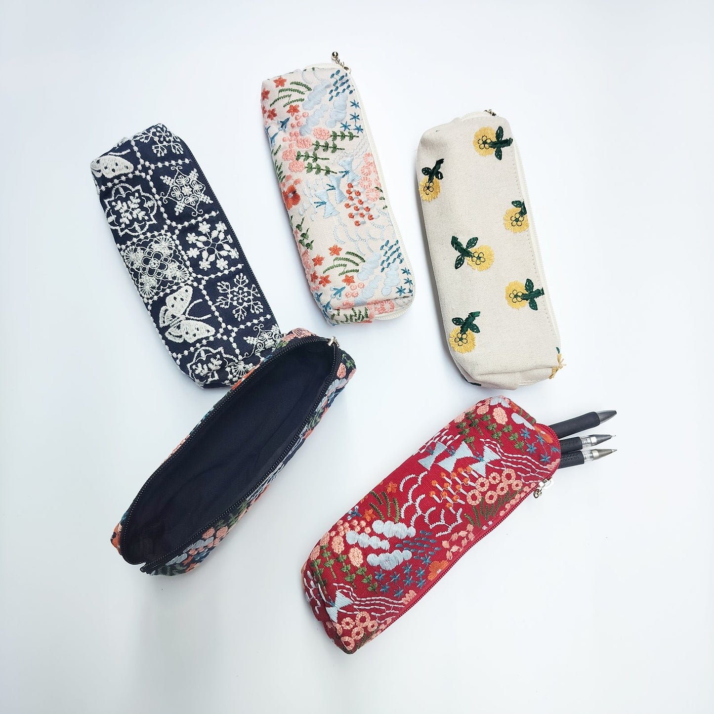 Embroidered Pencil Pouch – Zippered Pen Case (Moth Navy)