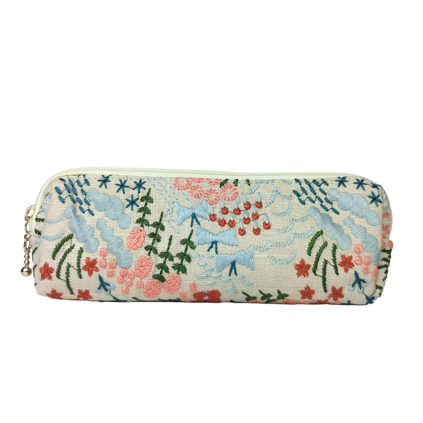Embroidered Pencil Pouch – Zippered Pen Case (Floral Cloud (Cream)