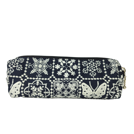 Embroidered Pencil Pouch – Zippered Pen Case (Moth Navy)