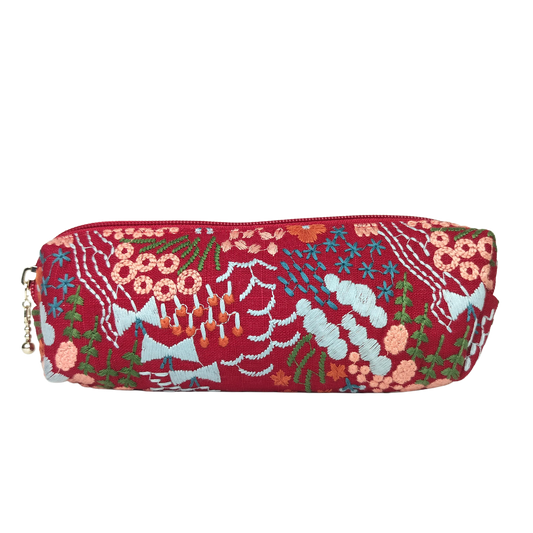 Embroidered Pencil Pouch – Zippered Pen Case (Floral Cloud (Red)