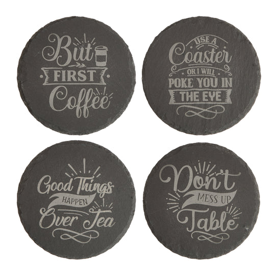 Funny Slate Coaster Set – Engraved Drink Coasters with Quotes | Coffee & Tea Lovers Gift