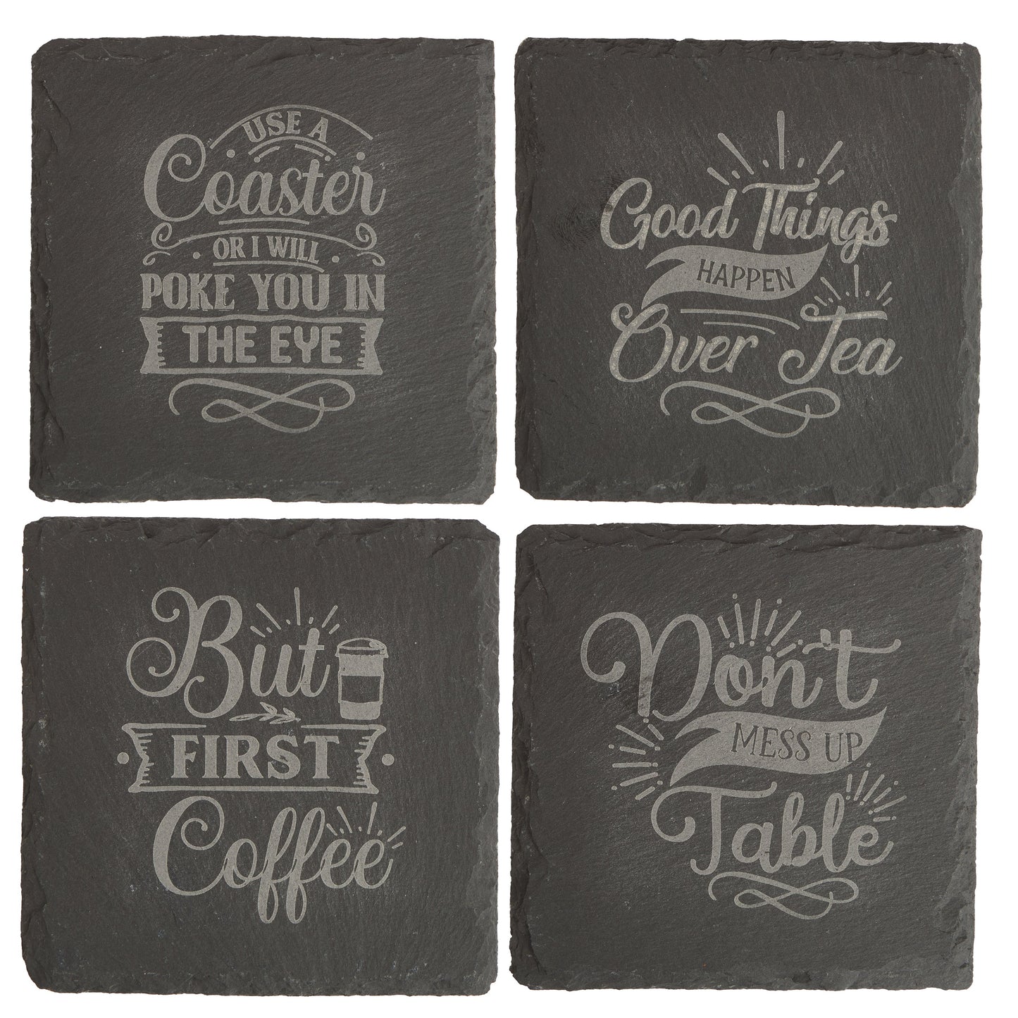 Funny Slate Coaster Set – Engraved Drink Coasters with Quotes | Coffee & Tea Lovers Gift