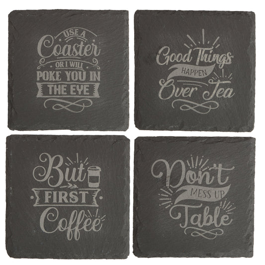 Funny Slate Coaster Set – Engraved Drink Coasters with Quotes | Coffee & Tea Lovers Gift