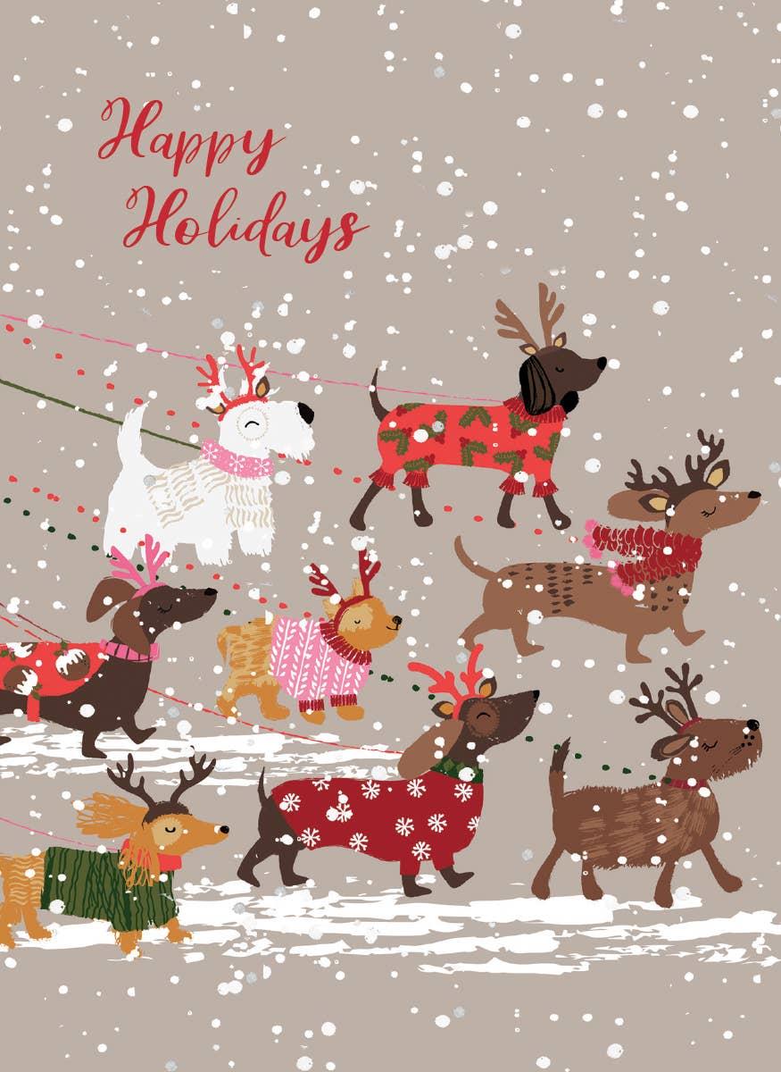 Calypso Cards Dog Walkies holiday card design - box of 12 cards with envelopes