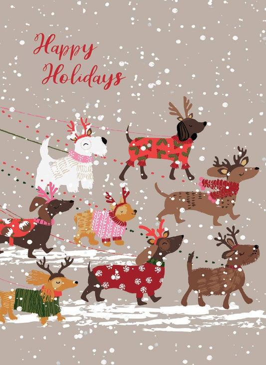 Calypso Cards Dog Walkies holiday card design - box of 12 cards with envelopes