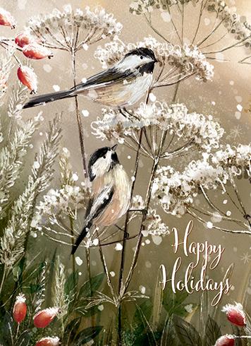 Calypso Cards Chickadees holiday card design - box of 12 cards with envelopes