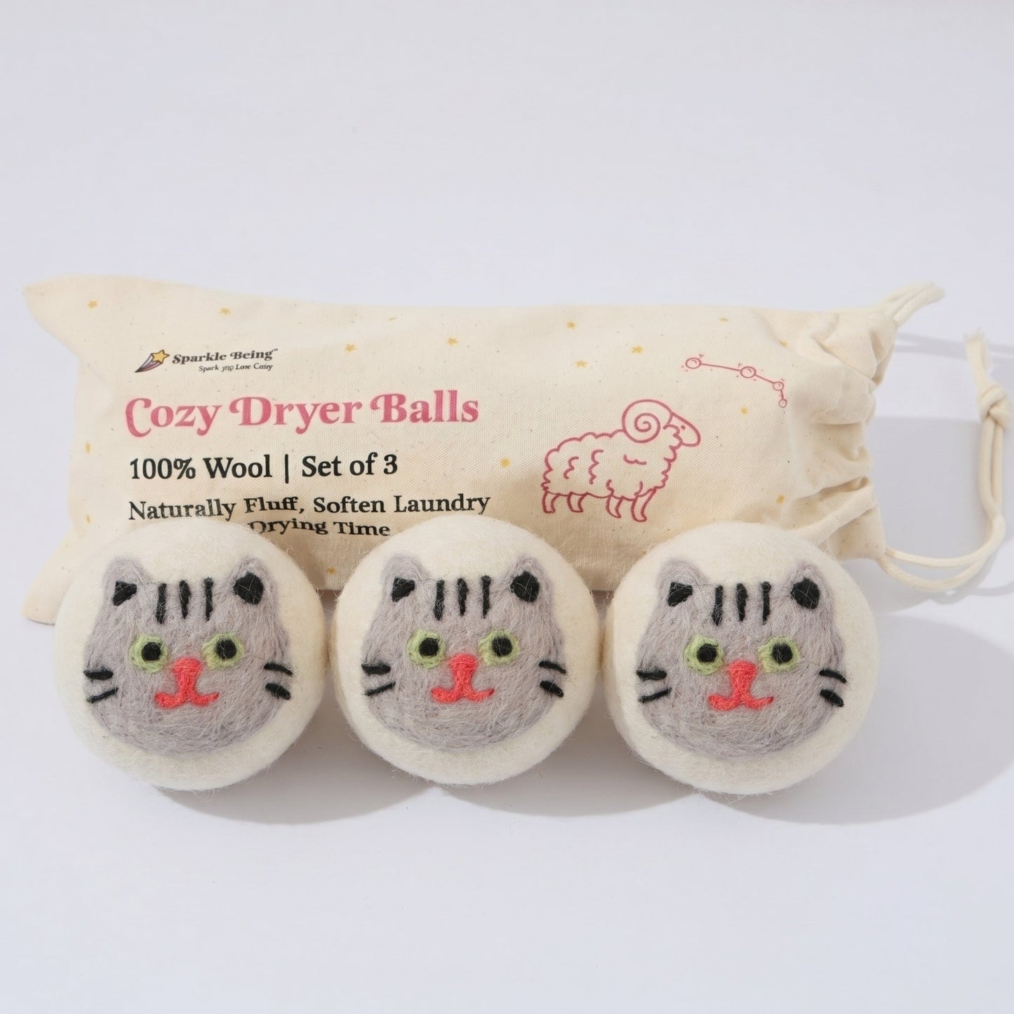Gray Cat Eco Wool Dryer Balls  – Set of 3