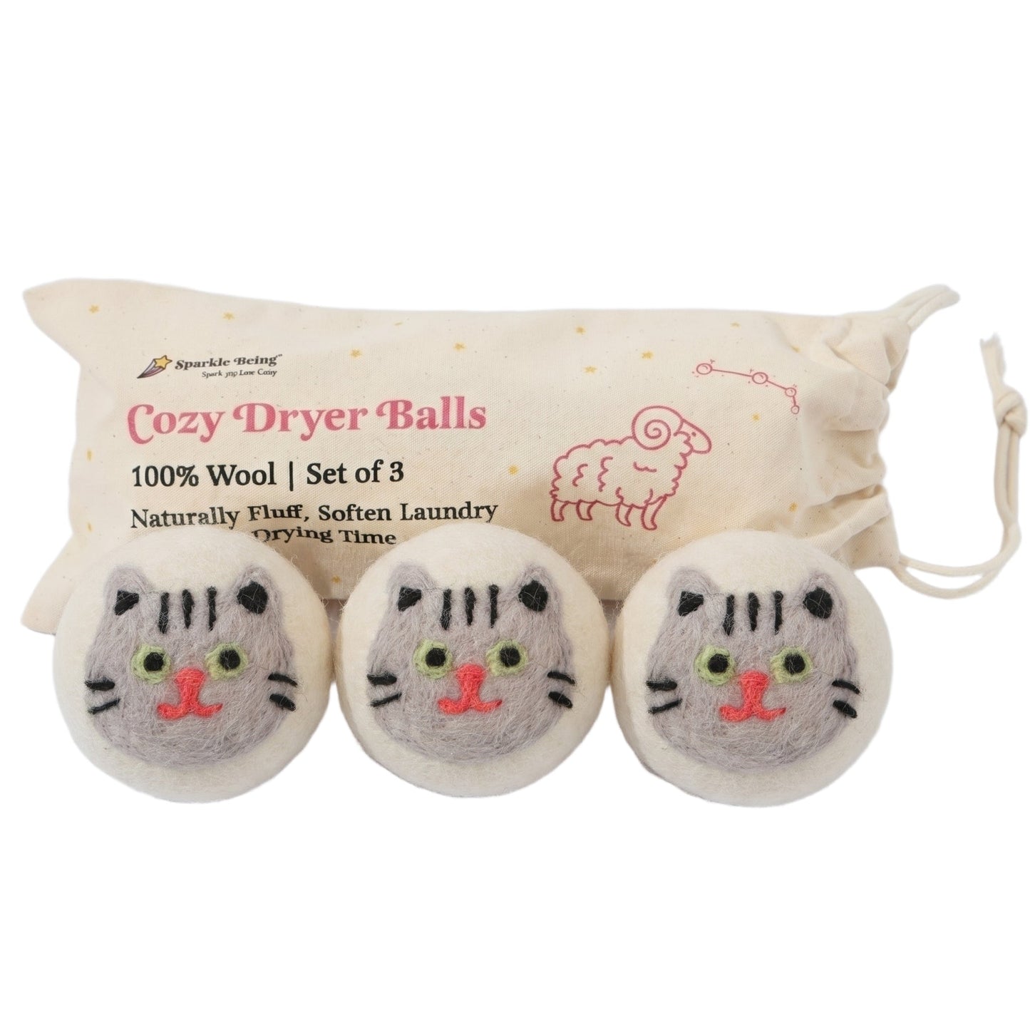Gray Cat Eco Wool Dryer Balls  – Set of 3