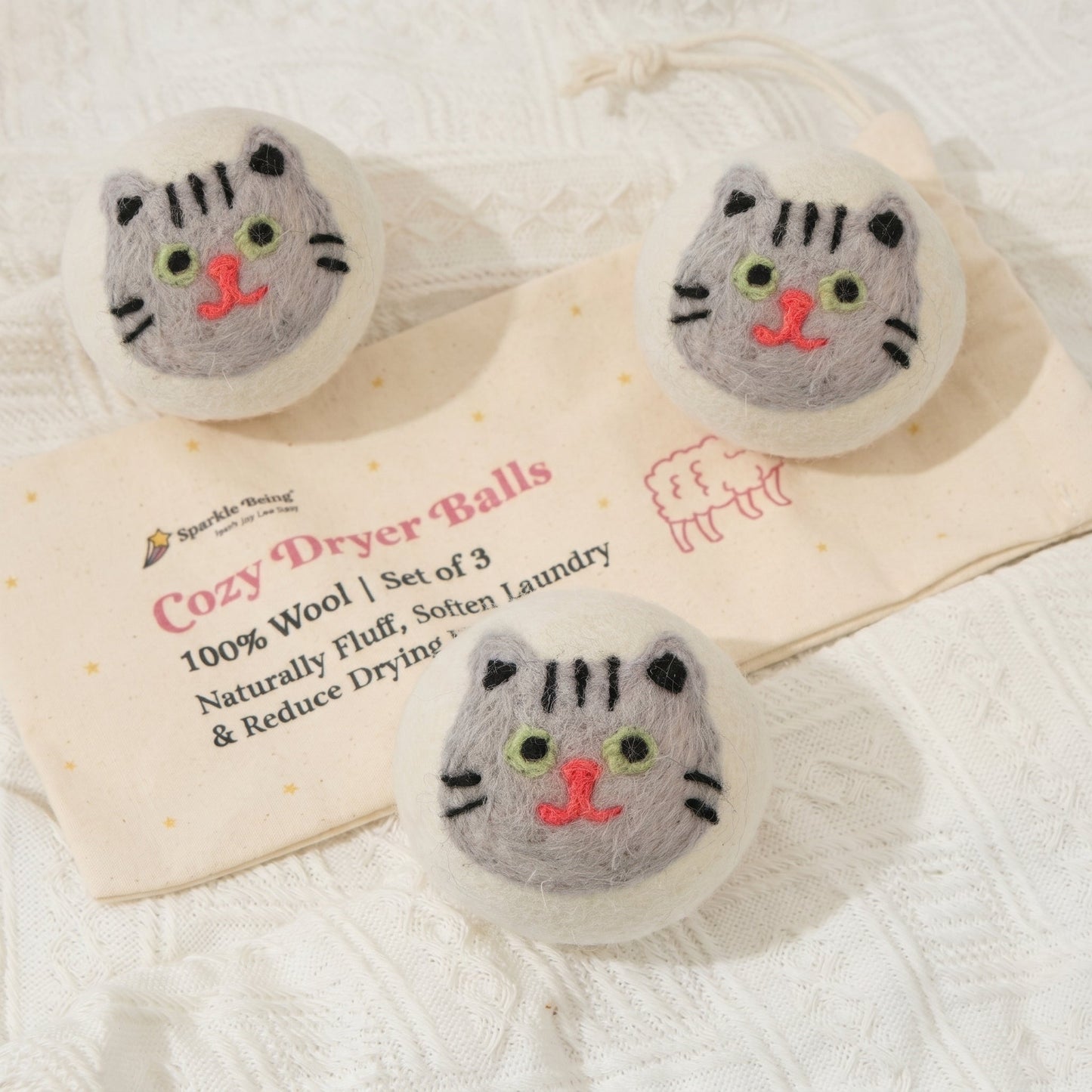 Gray Cat Eco Wool Dryer Balls  – Set of 3