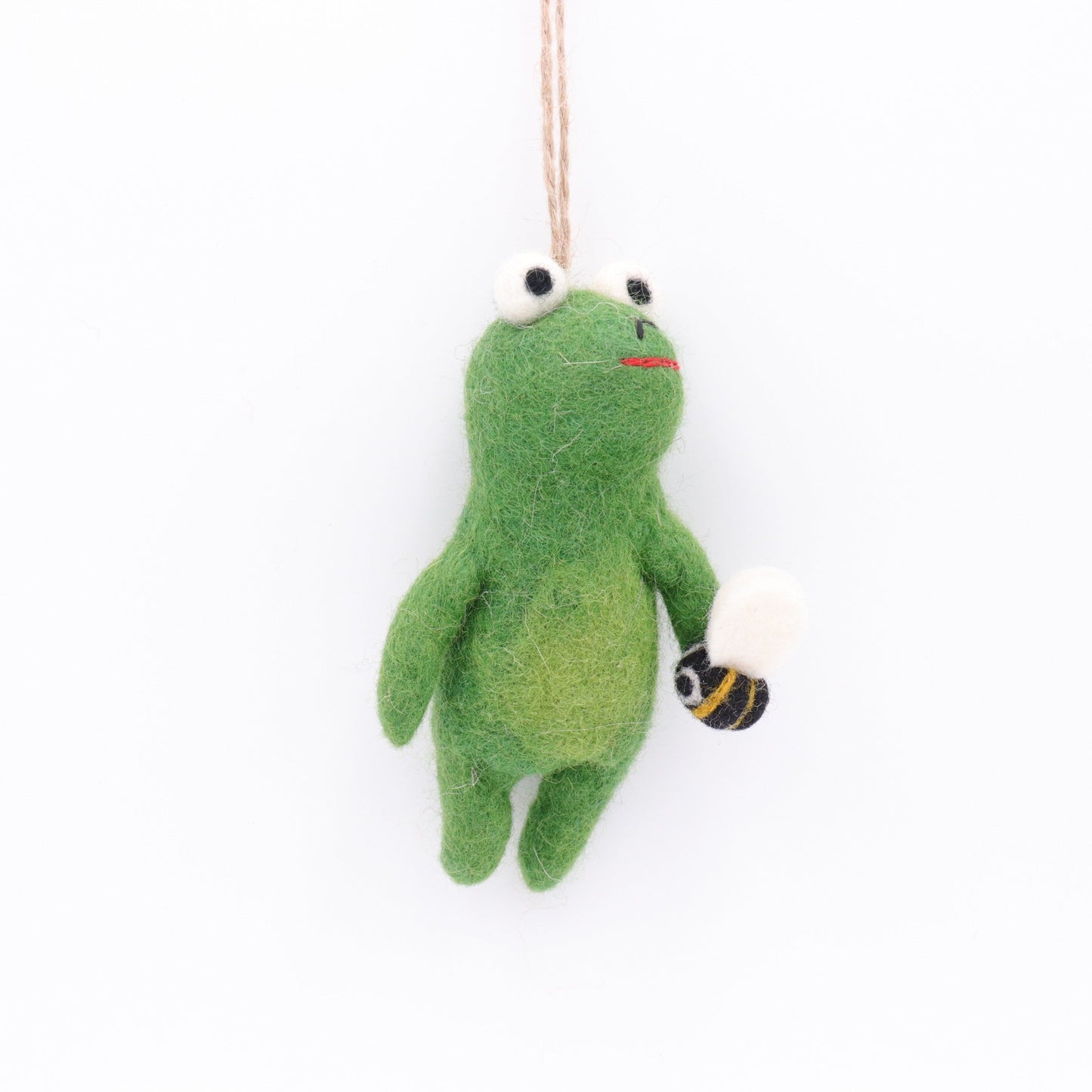 Handmade Wool Felt Frog Ornament with Bee – Needle Felt Animal Decor